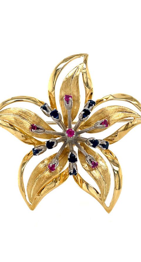 Vintage 18K Gold Brooch with Sapphire and Ruby